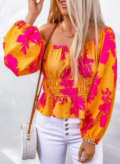 Yellow Floral Print Off Shoulder Puff Sleeve Blouse
