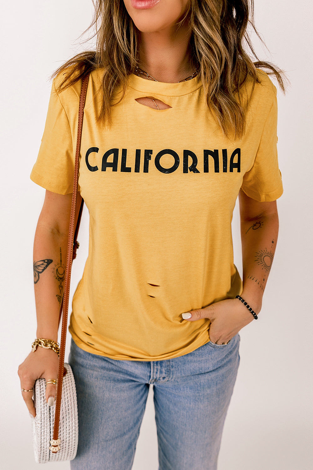 Letter Print Distressed Tee