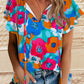 Multicolor Floral Print Drawstring V Neck Short Sleeve Blouse