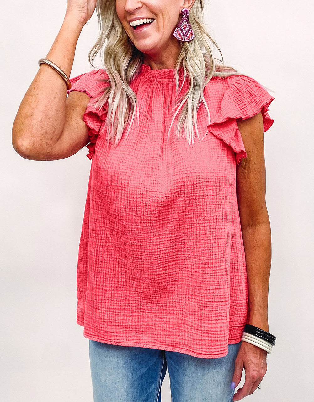 Flutter Sleeve Frilled Neck Textured Blouse