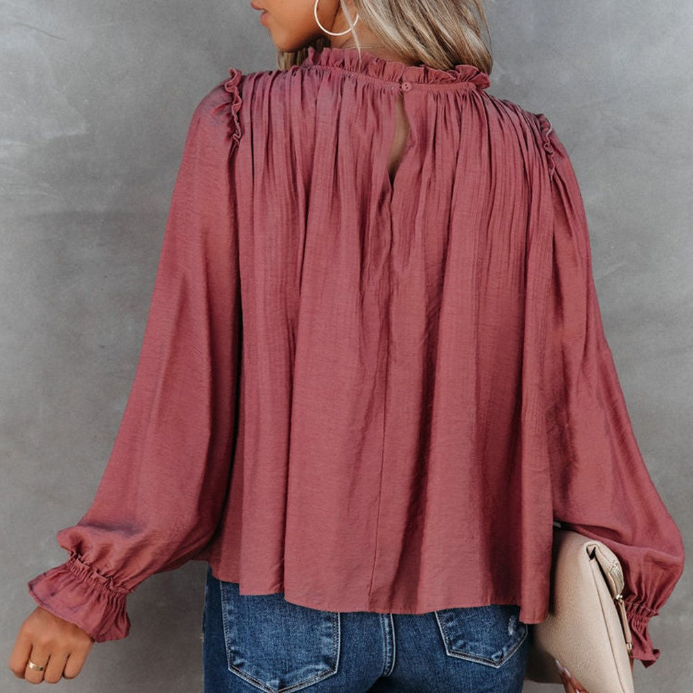 Frilled Neck Ruffled Long Sleeve Blouse