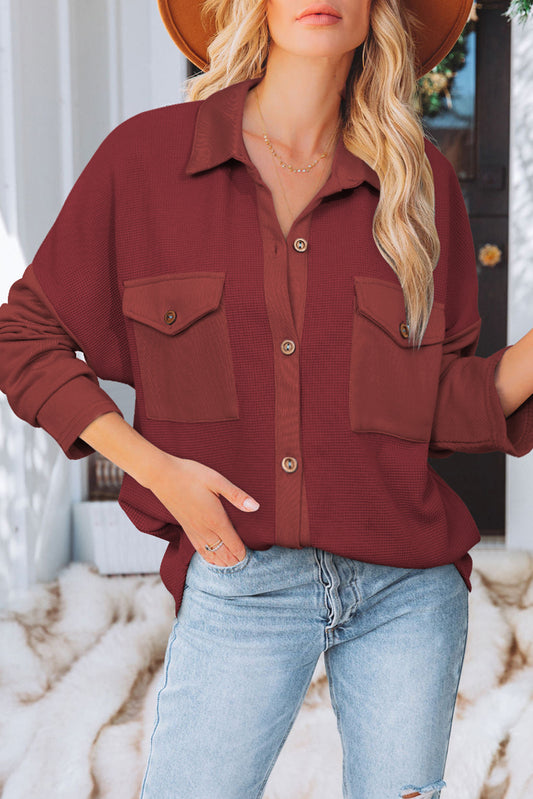 Red Waffle Knit Patch Pocket Shacket