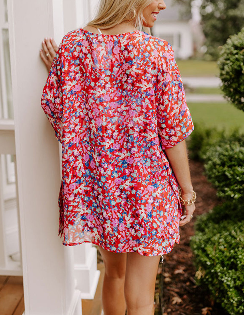 Red Abstract Floral Print Oversize Tunic Top