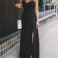 Black Spaghetti Straps Ribbed Lace up Back Maxi Dress
