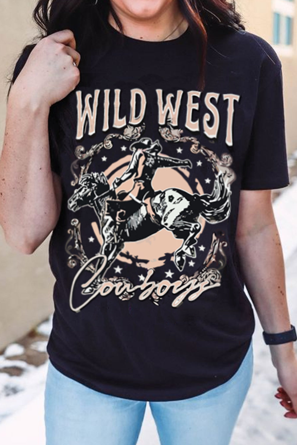 Black WILD WEST Cowboys Graphic Print Crewneck T Shirt