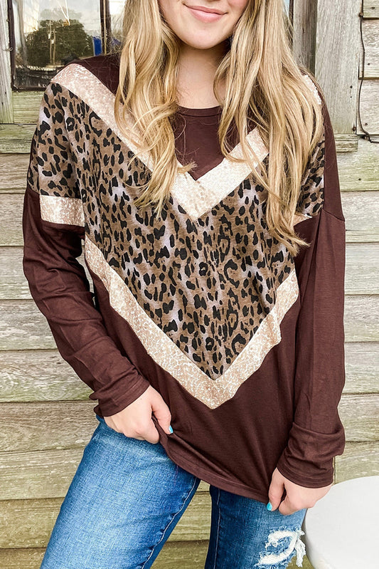 Chevron Sequin Leopard Splicing Long Sleeve Top