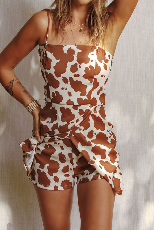 Brown Western Cow Pattern Wrap Bottom Spaghetti Straps Romper