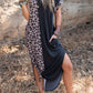 Contrast Solid Leopard Short Sleeve T-shirt Dress with Slits