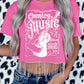 Pink Country Music Graphic Print Rhinestone Fringed Crop Top