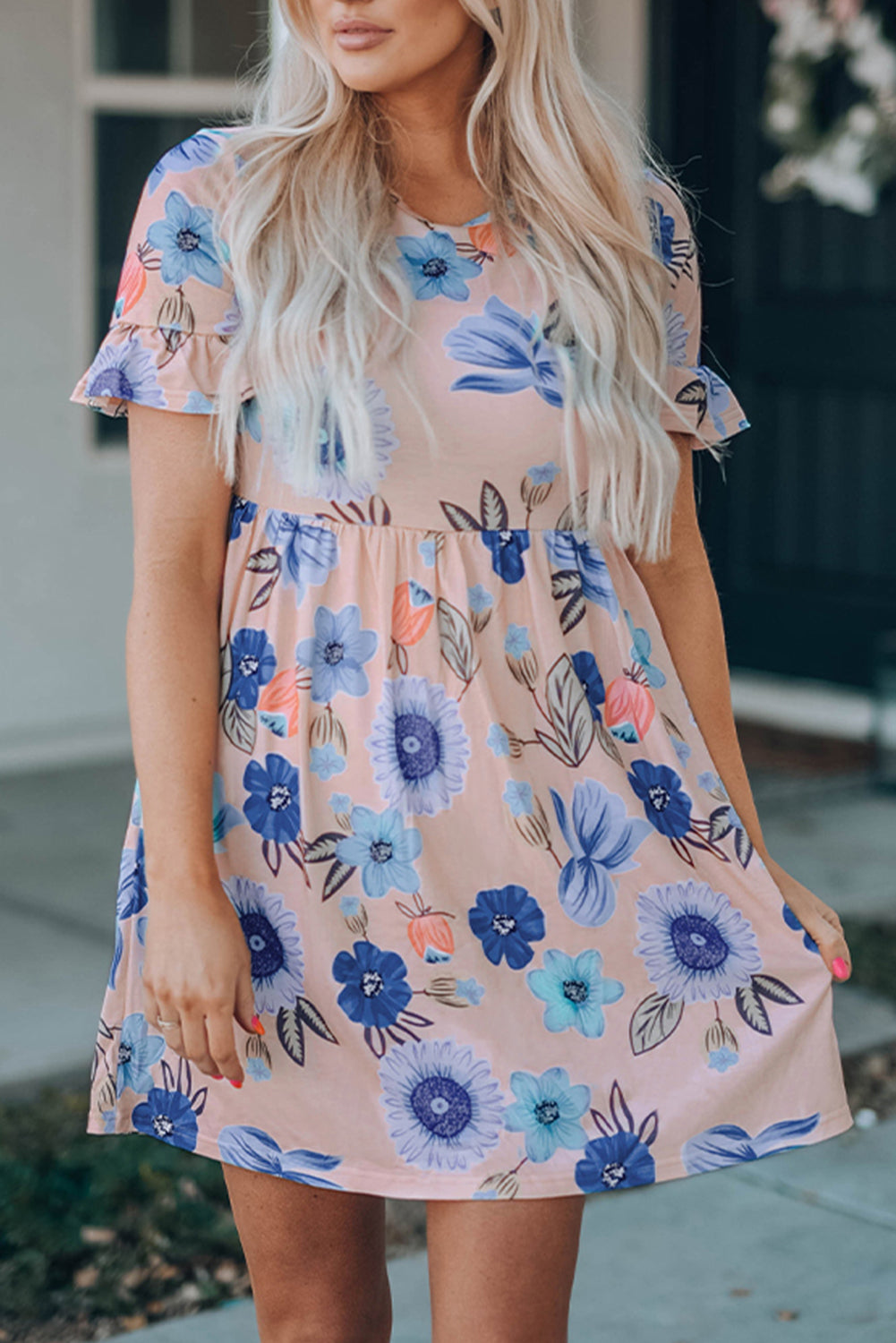 Ruffled Short Sleeve Floral Dress