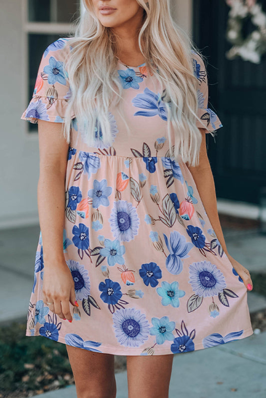 Ruffled Short Sleeve Floral Dress