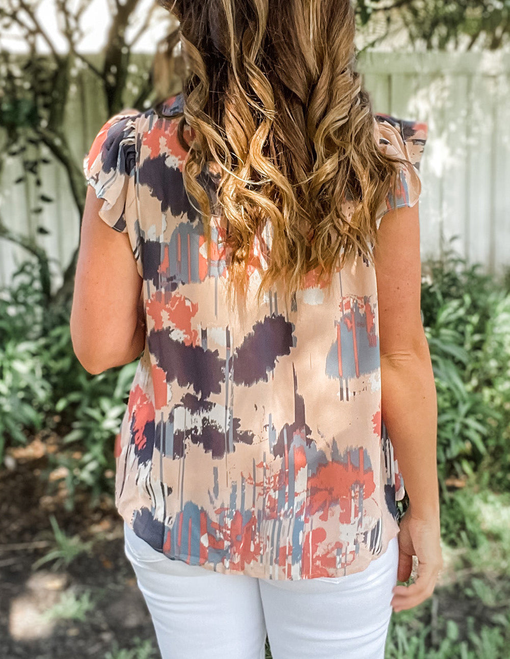 Pink Abstract Print V Neck Shirred Ruffled Sleeveless Top