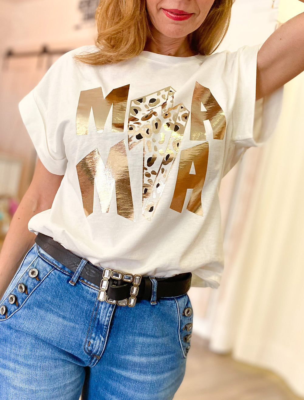 White Glitter MAMA Leopard Lightning Graphic Tee