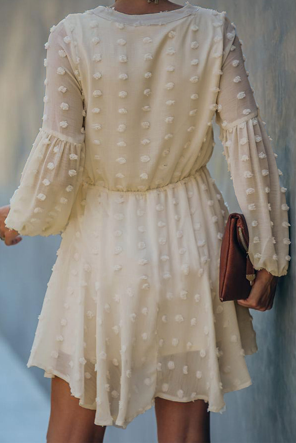 Buttoned Drawstring Long Puff Sleeve Shirt Dress