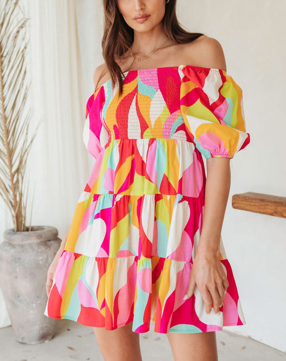 Multicolor Geometric Print Smocked Babydoll Mini Dress