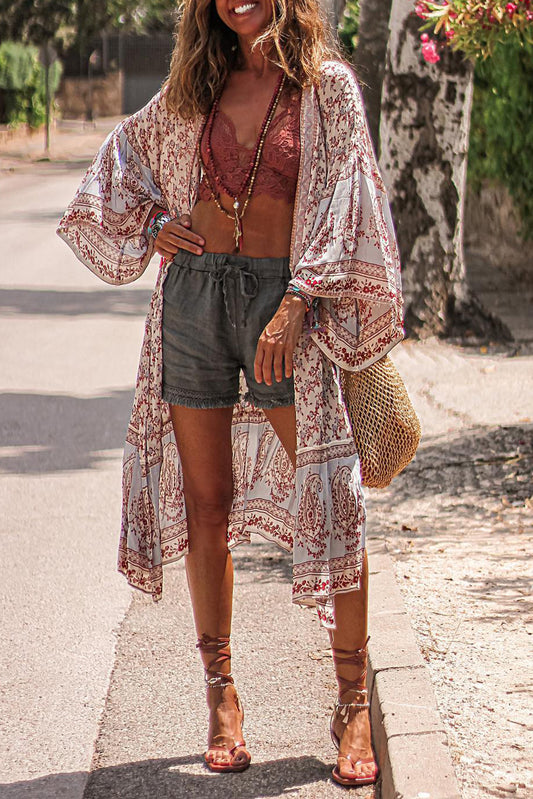 Red Boho Print Billowy Longline Kimono