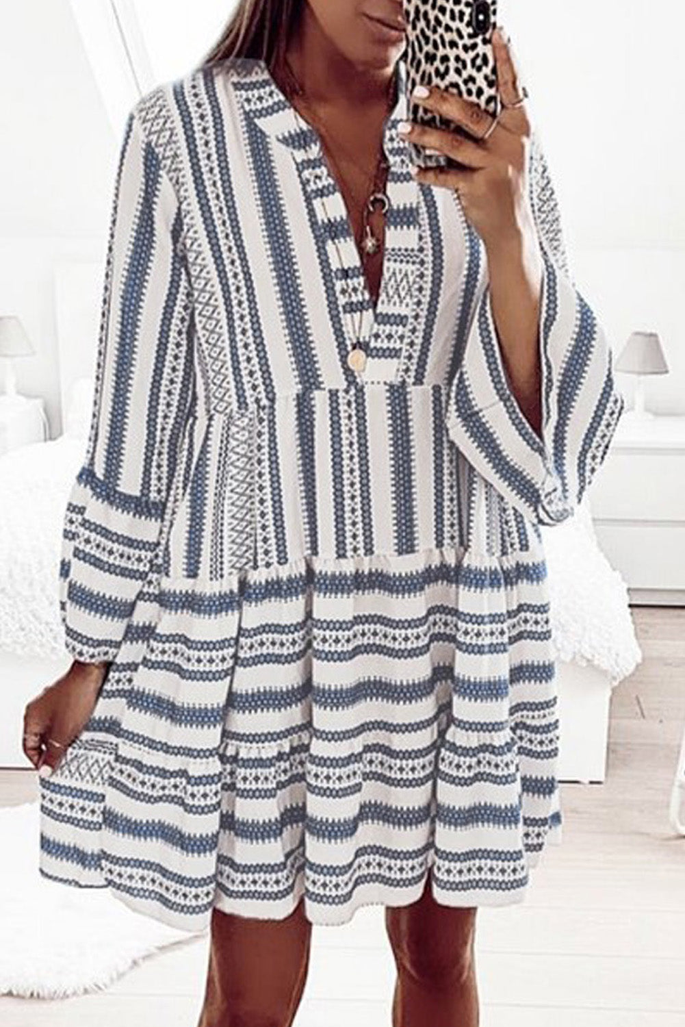 Geometric Print V neck Ruffle Swing Mini Dress