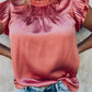 Pink Satin Fringed Ruffle Sleeve Mock Neck Blouse