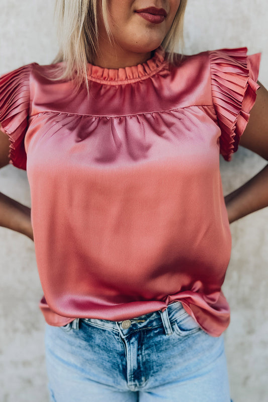 Pink Satin Fringed Ruffle Sleeve Mock Neck Blouse