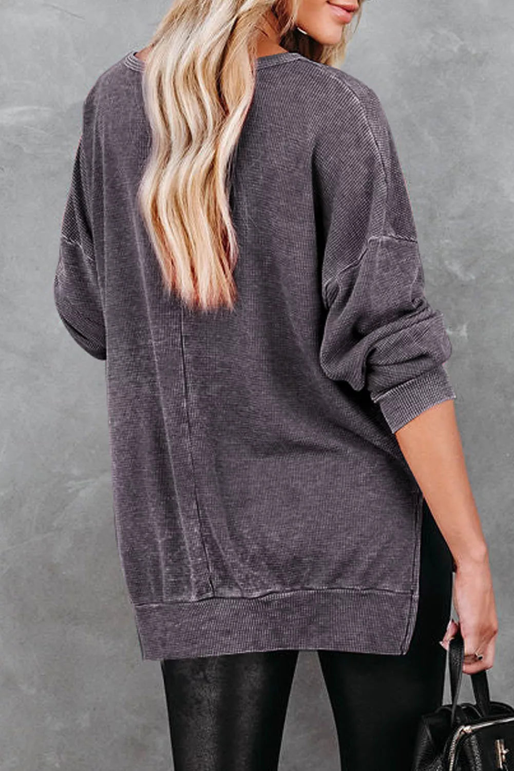 Waffle Knit Side Slit Pullover Top