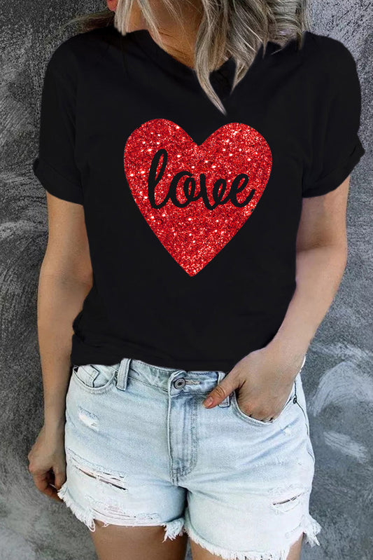 Black Love Heart Shaped Glitter Print Short Sleeve T Shirt