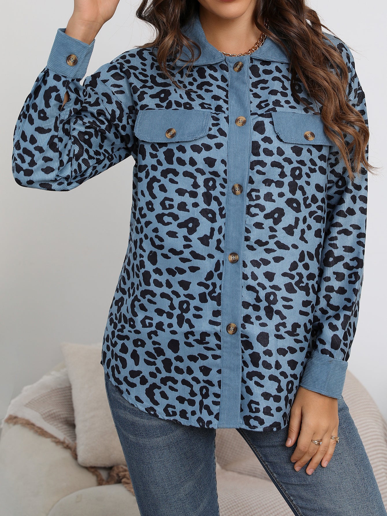 Leopard printed button long sleeve jacket coat