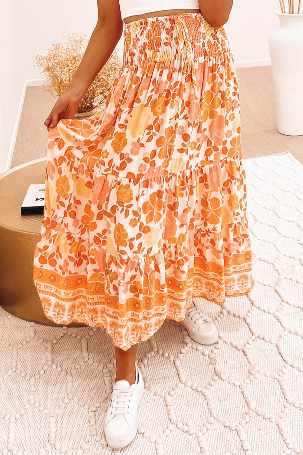 Orange Floral Print Smocked High Waist A-line Maxi Skirt