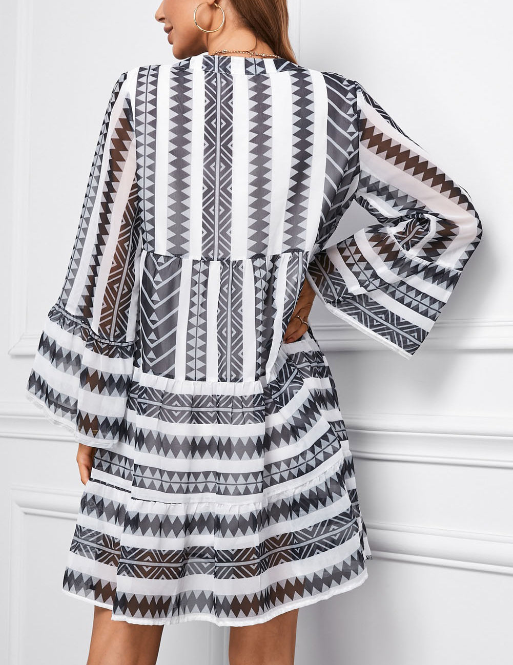 Geometric Print V neck Ruffle Swing Mini Dress