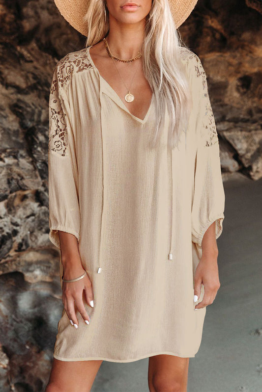 Split Neck Lace Shoulder Beach Dress
