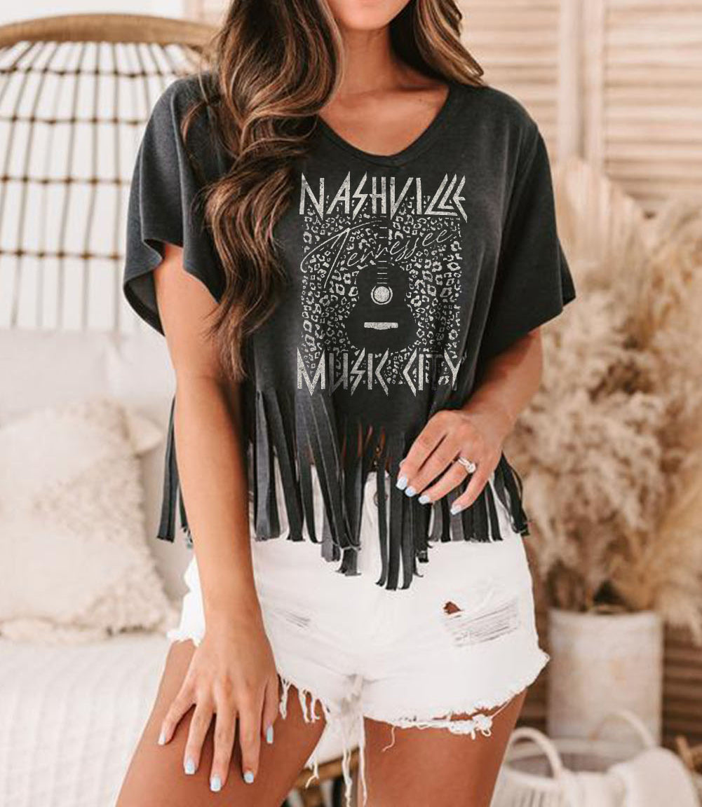 Black NASHVILLE MUSIC CITY Graphic Fringed T-shirt