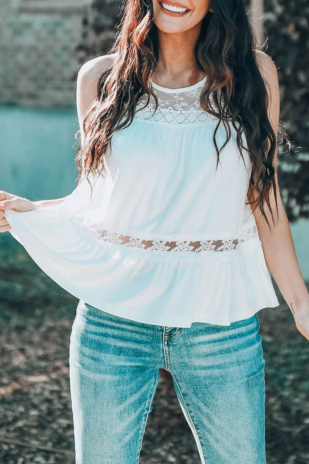 Lace Embroidery Ruffled Sleeveless Top