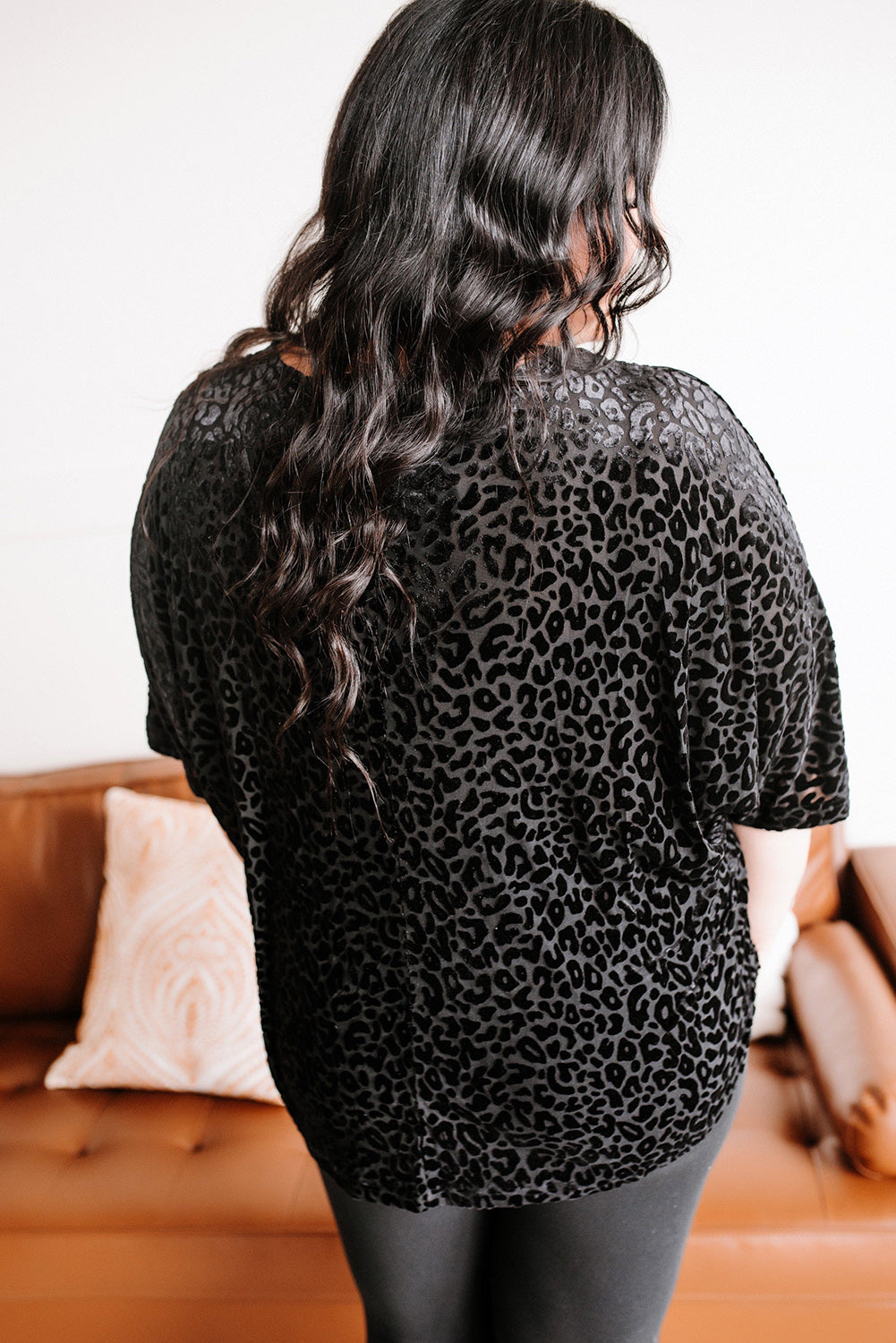 Black Plus Size Leopard Emboss V Neck Top