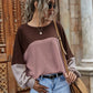 Contrast Splice Waffle Long Sleeve Casual Top For Women