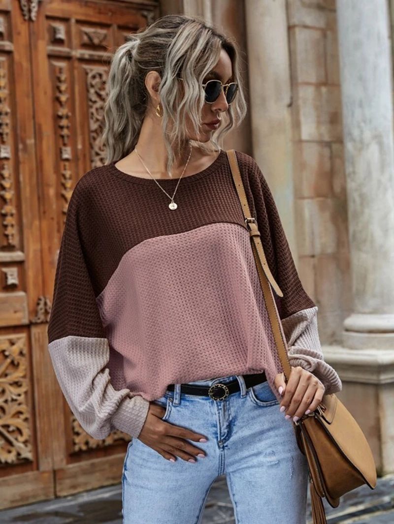Contrast Splice Waffle Long Sleeve Casual Top For Women