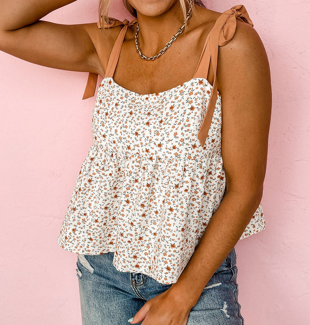 White Tied Shoulder Floral Print Babydoll Tank