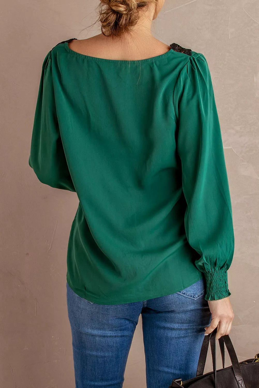 V Neck Lace Patchwork Green Blouse