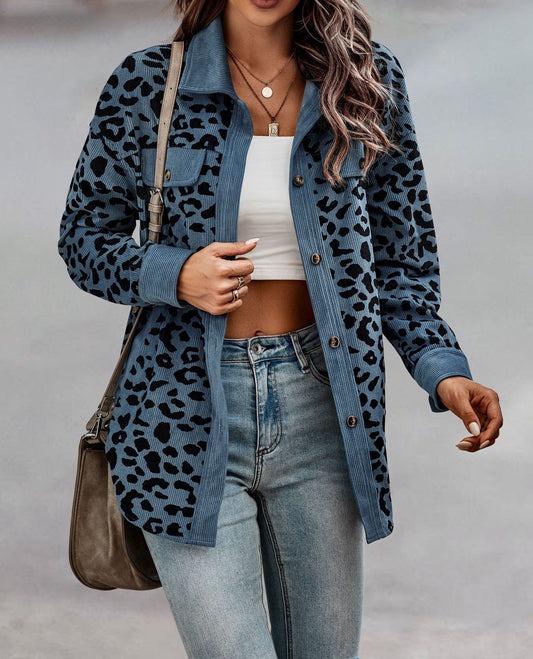 Leopard printed button long sleeve jacket coat