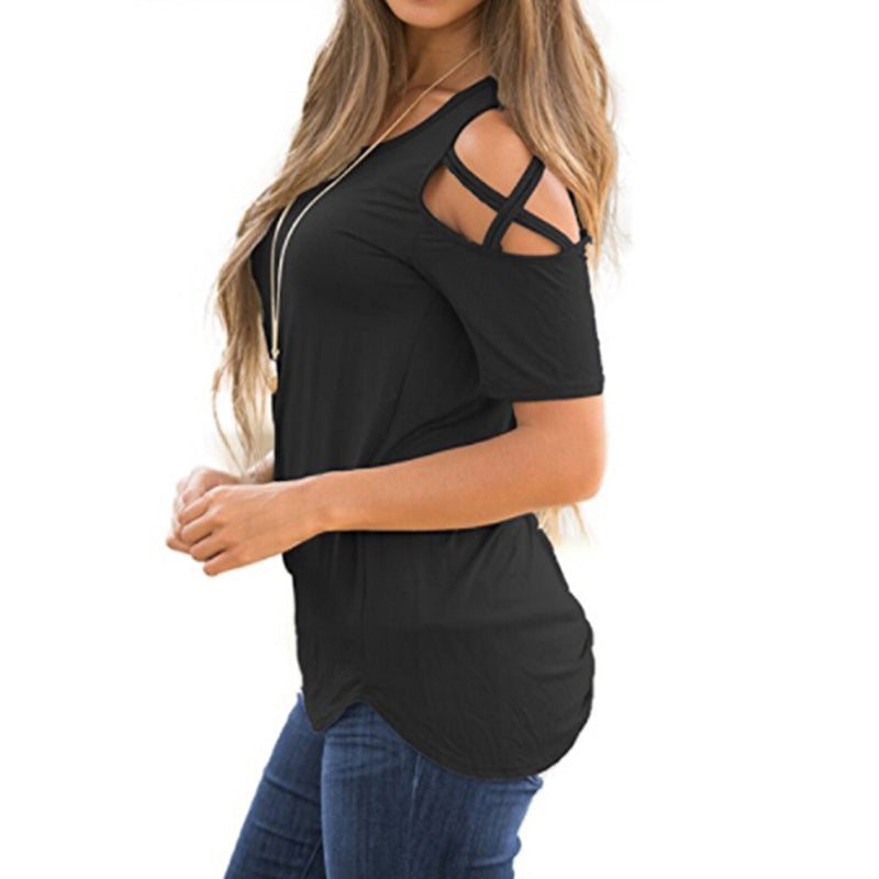 Round Neck Short Sleeve Off Shoulder Panel Top