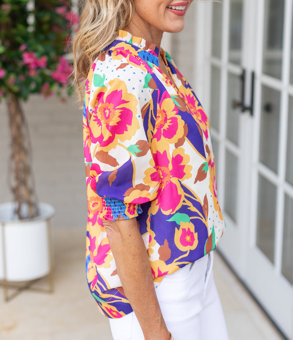 Floral Split Neck Frilled Bubble Sleeve Blouse