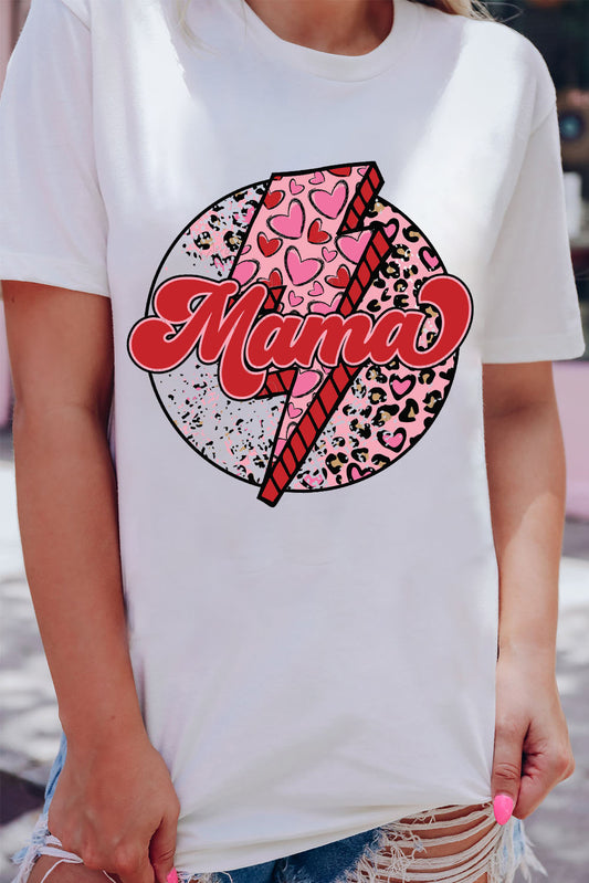 White MAMA Heart Leopard Lightning Print Graphic Tee