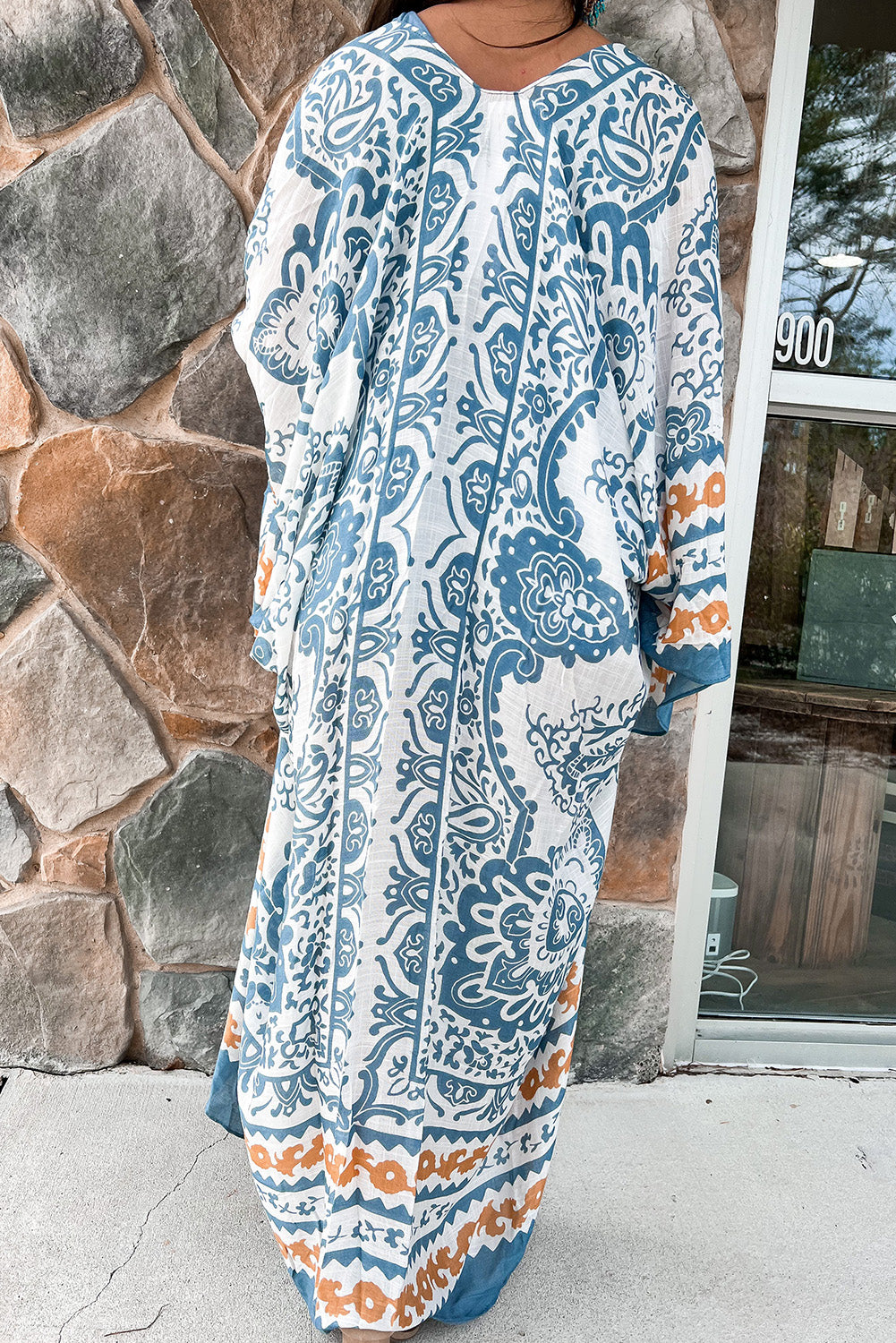 White Paisley Mix Pattern Print Long Kimono