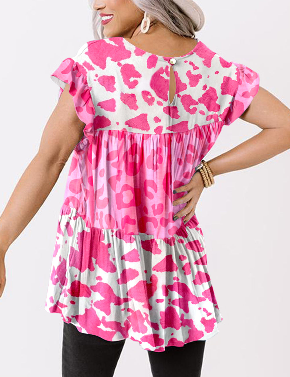 Pink Leopard Cow Spots Tiered Ruffle Blouse