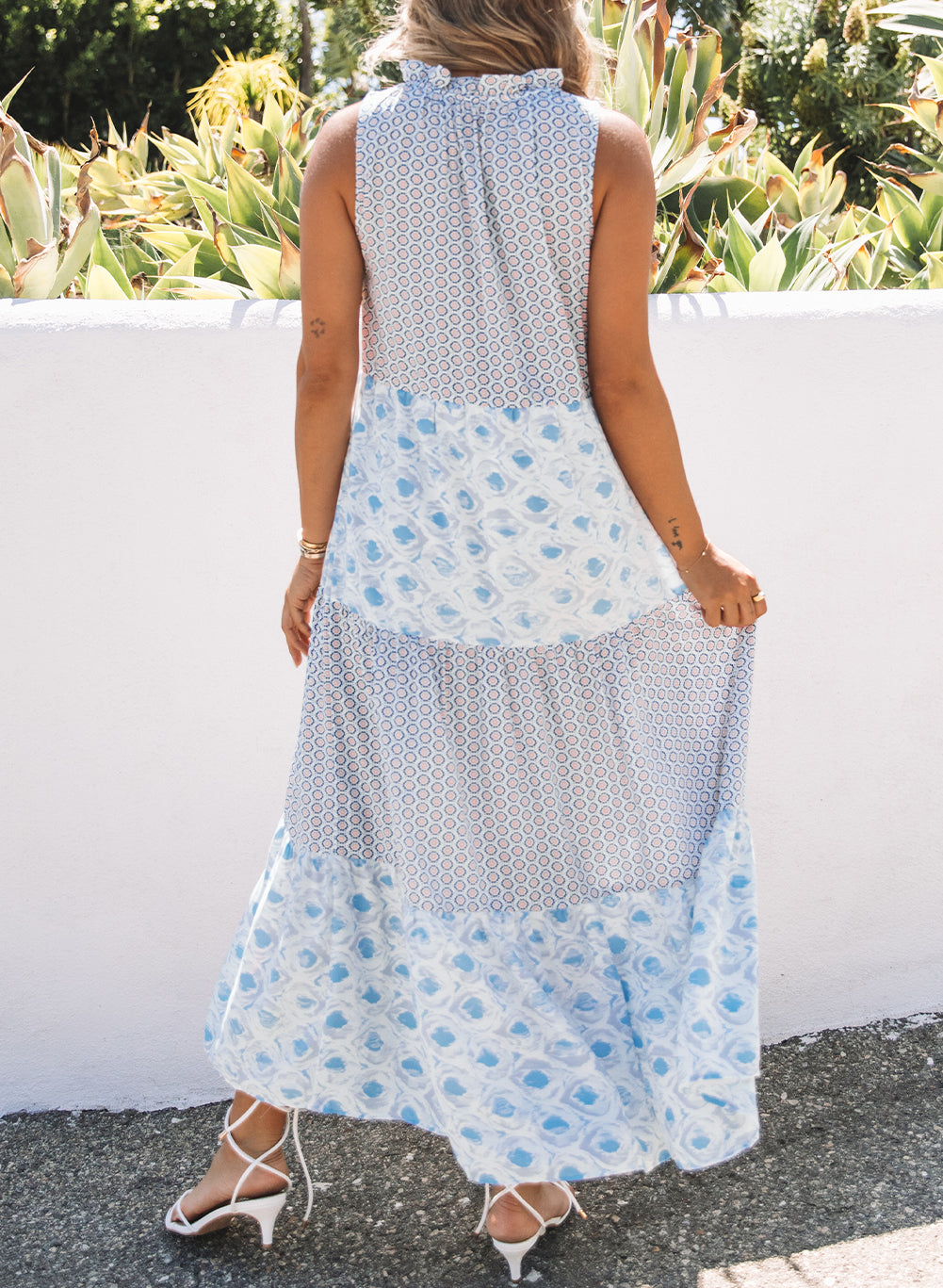 Abstract Print Split Neck Sleeveless Maxi Dress