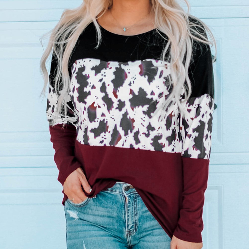 Cow Print Color Block Long Sleeve Blouse