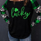 Green Lucky Clover Glitter Pattern Leopard Plaid Splicing Top