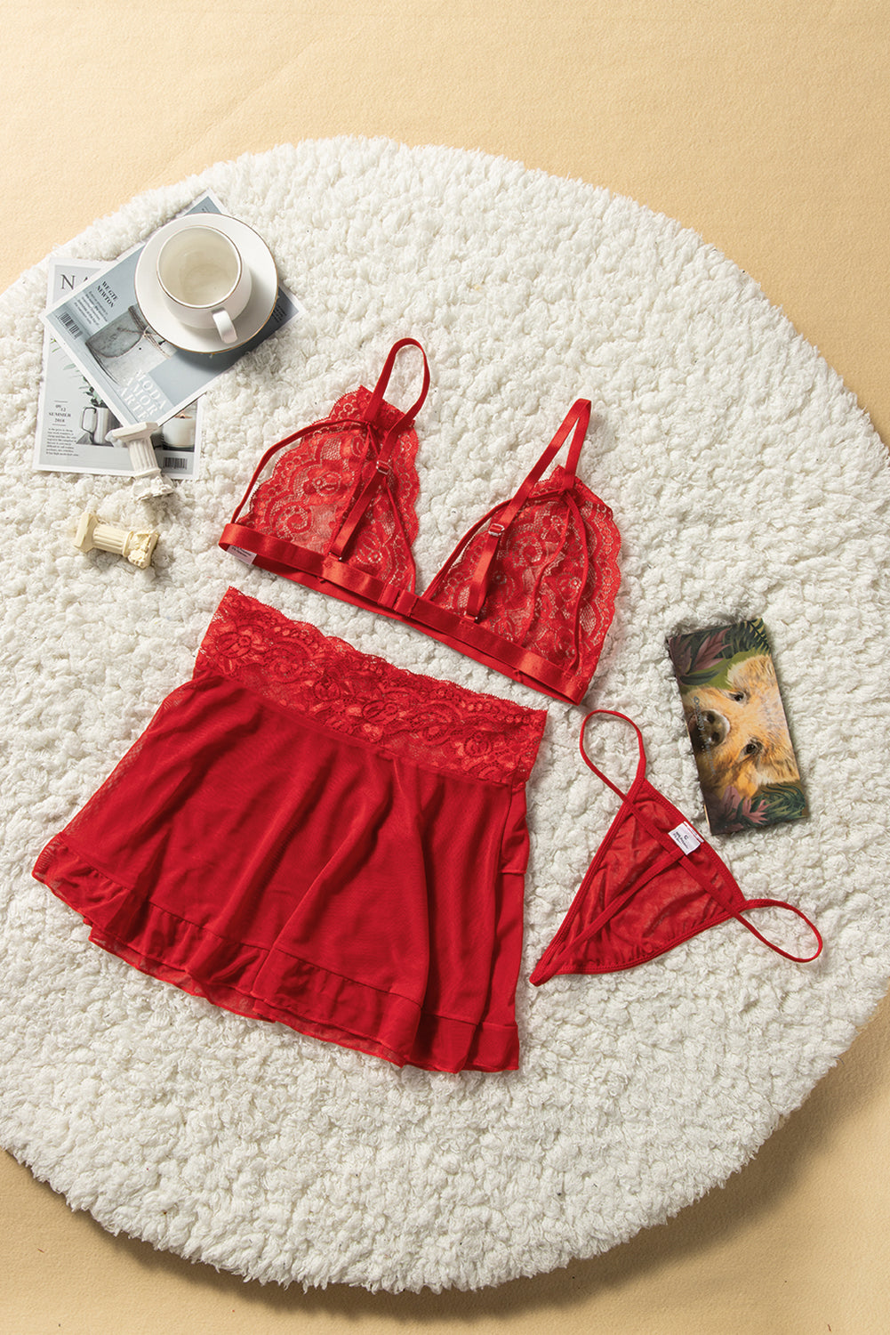 3pcs Fan-shaped Lace Ruffled Mesh Bralette Set