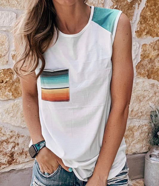 White Aztec Pocket Shoulder Tank Top