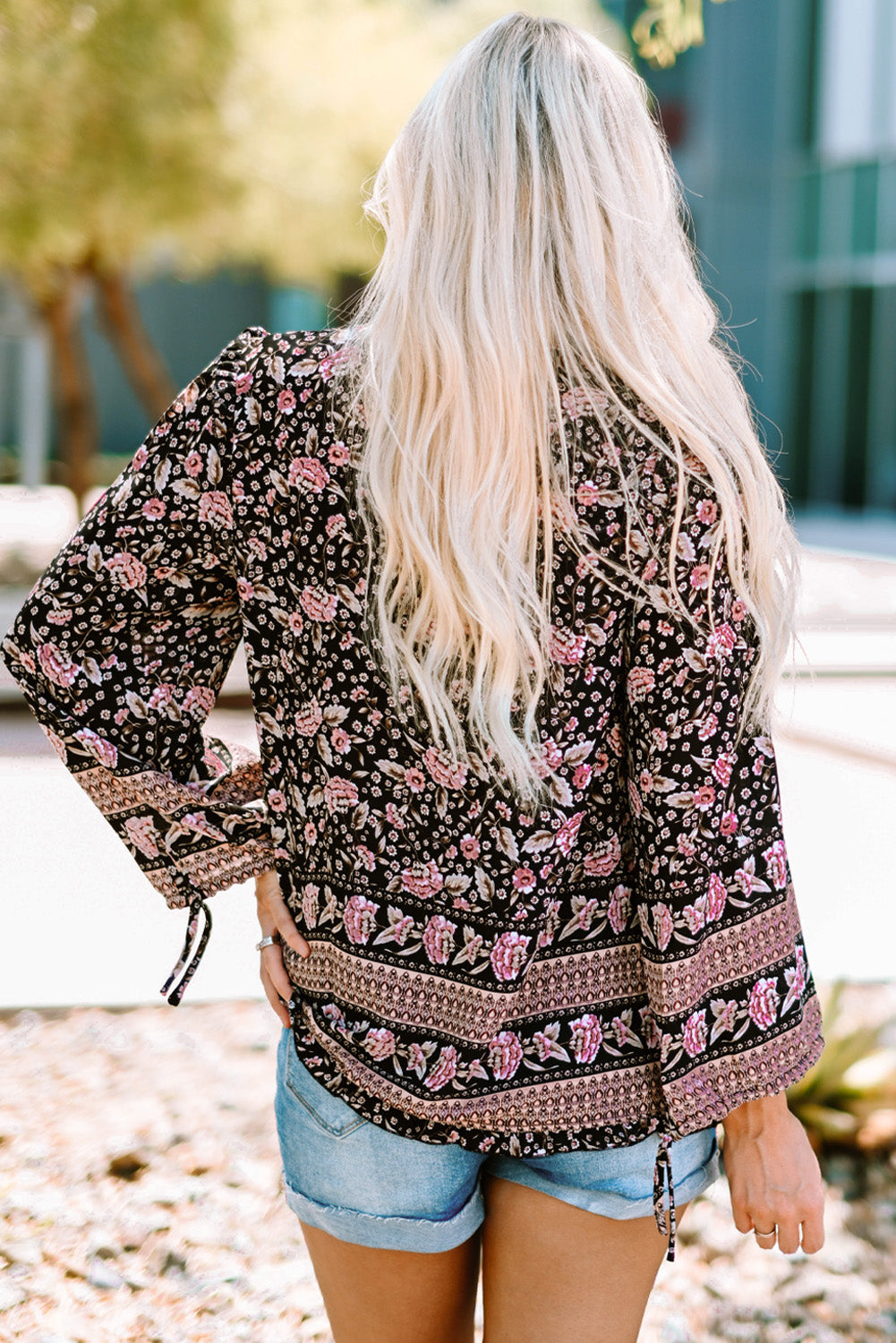 Black Vintage Boho Floral Print Loose Shirt