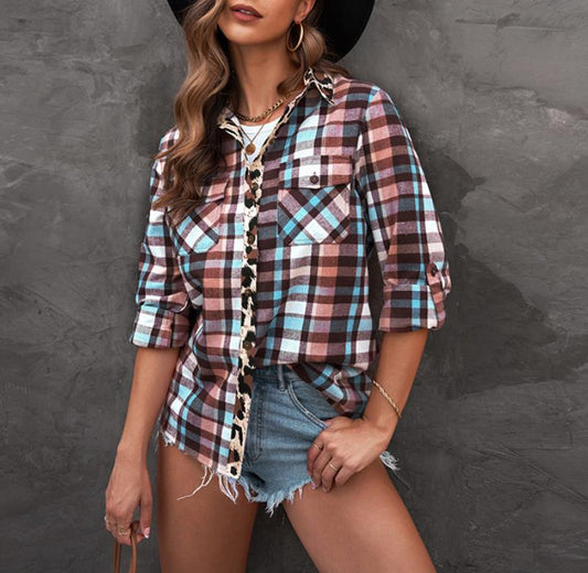 Multicolor Plaid Print Leopard Trim Shirt Jacket