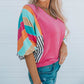 Rose Stripe Color Block Bubble Sleeve Top